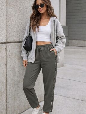 Women’s Olive Drawstring Track Straight Hem with Side Gems